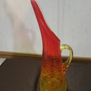 Vintage Amberina Hummingbird Crackle Glass Pitcher Hand Blown